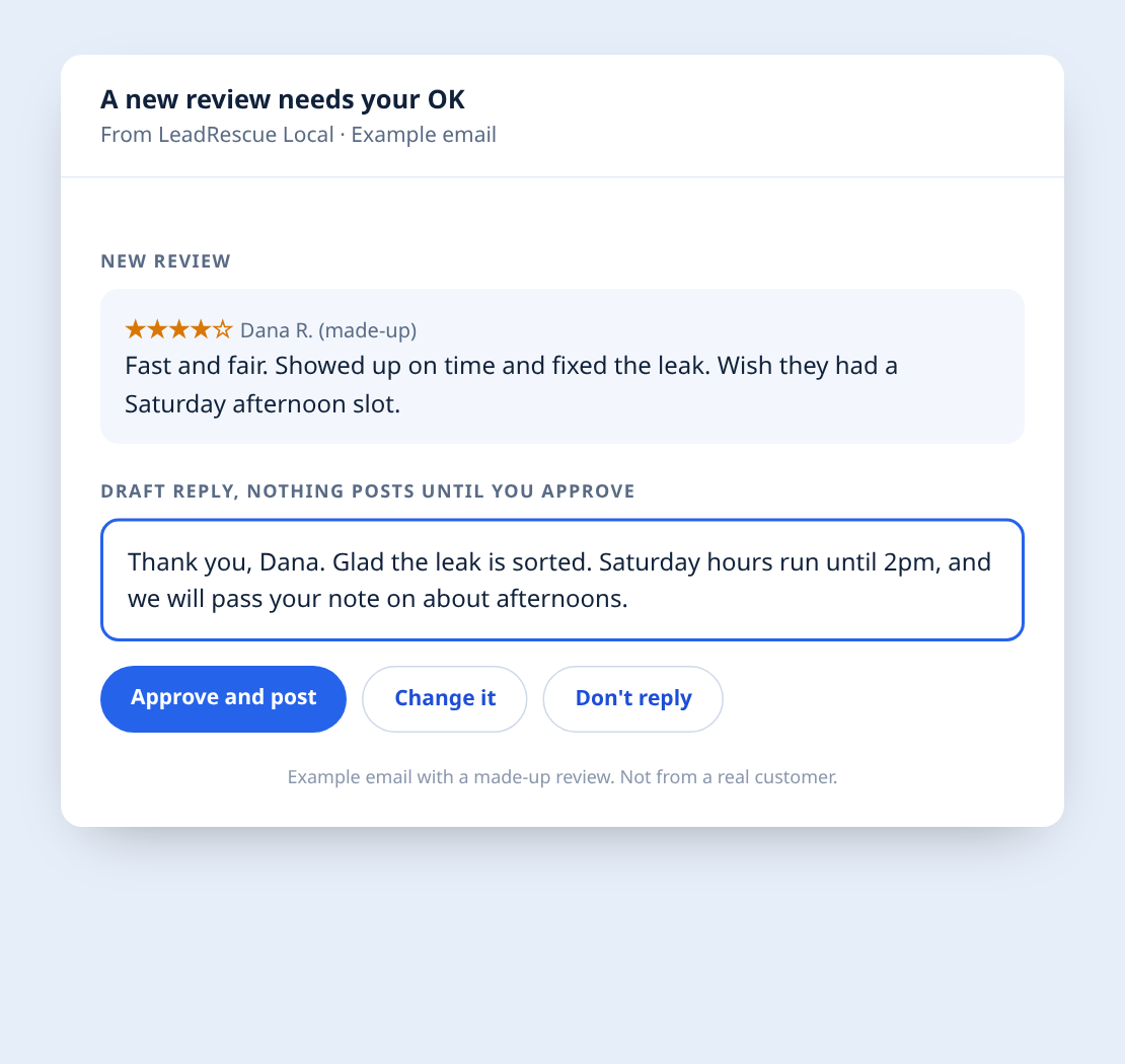 Example email with a new review, a drafted reply and buttons to approve, change or skip it